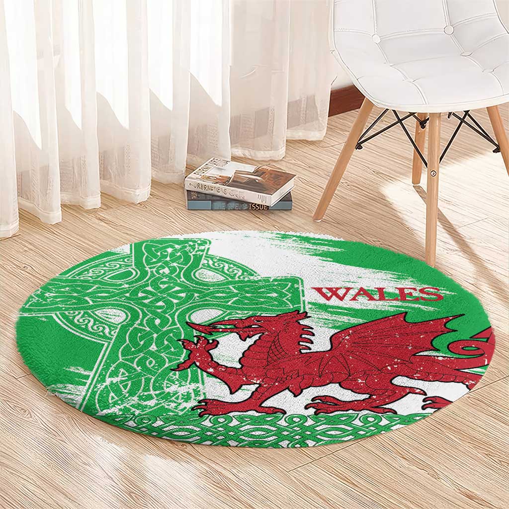 Grunge Green Wales Round Carpet Celtic Cross Welsh Red Dragon - Wonder Print Shop