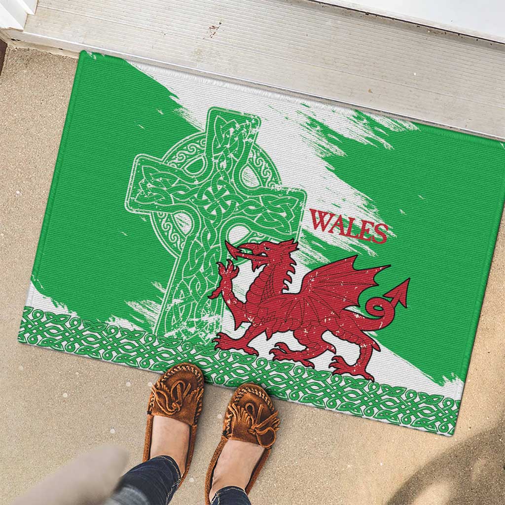 Grunge Green Wales Rubber Doormat Celtic Cross Welsh Red Dragon - Wonder Print Shop