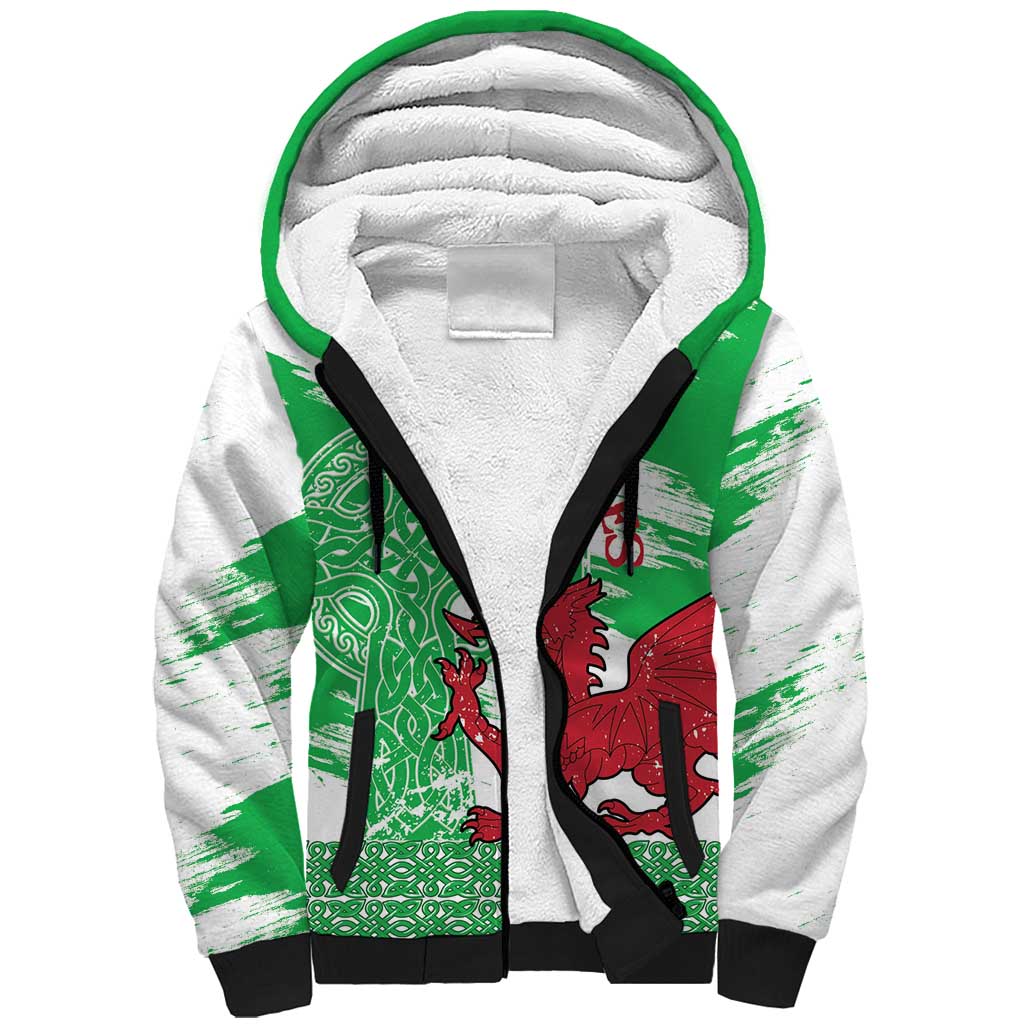 Grunge Green Wales Sherpa Hoodie Celtic Cross Welsh Red Dragon - Wonder Print Shop