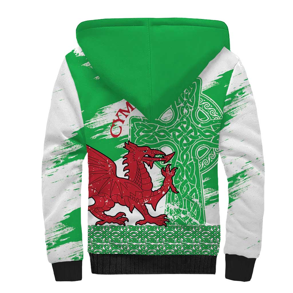 Grunge Green Wales Sherpa Hoodie Celtic Cross Welsh Red Dragon - Wonder Print Shop