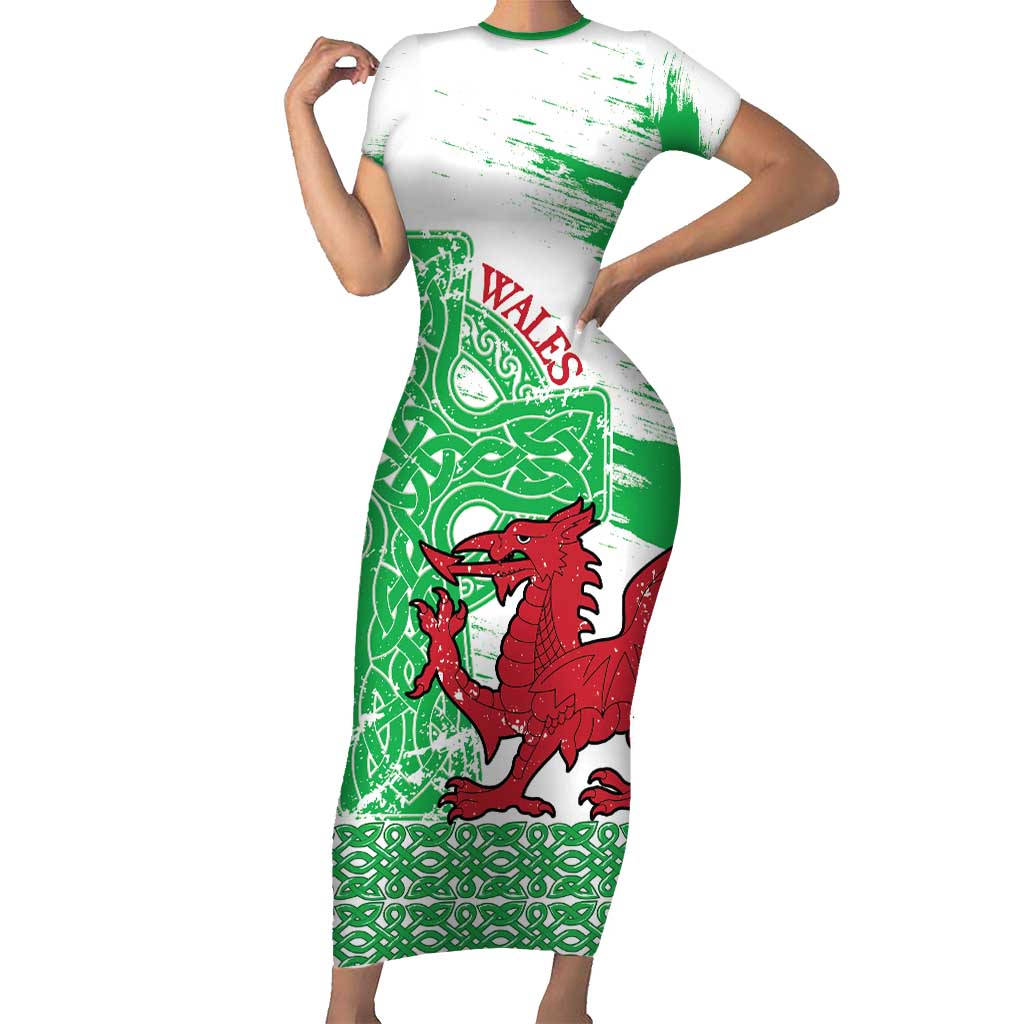 Grunge Green Wales Short Sleeve Bodycon Dress Celtic Cross Welsh Red Dragon - Wonder Print Shop