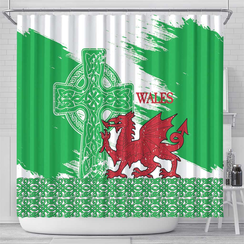 Grunge Green Wales Shower Curtain Celtic Cross Welsh Red Dragon - Wonder Print Shop