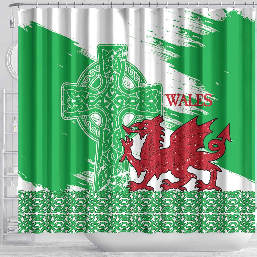 Grunge Green Wales Shower Curtain Celtic Cross Welsh Red Dragon - Wonder Print Shop
