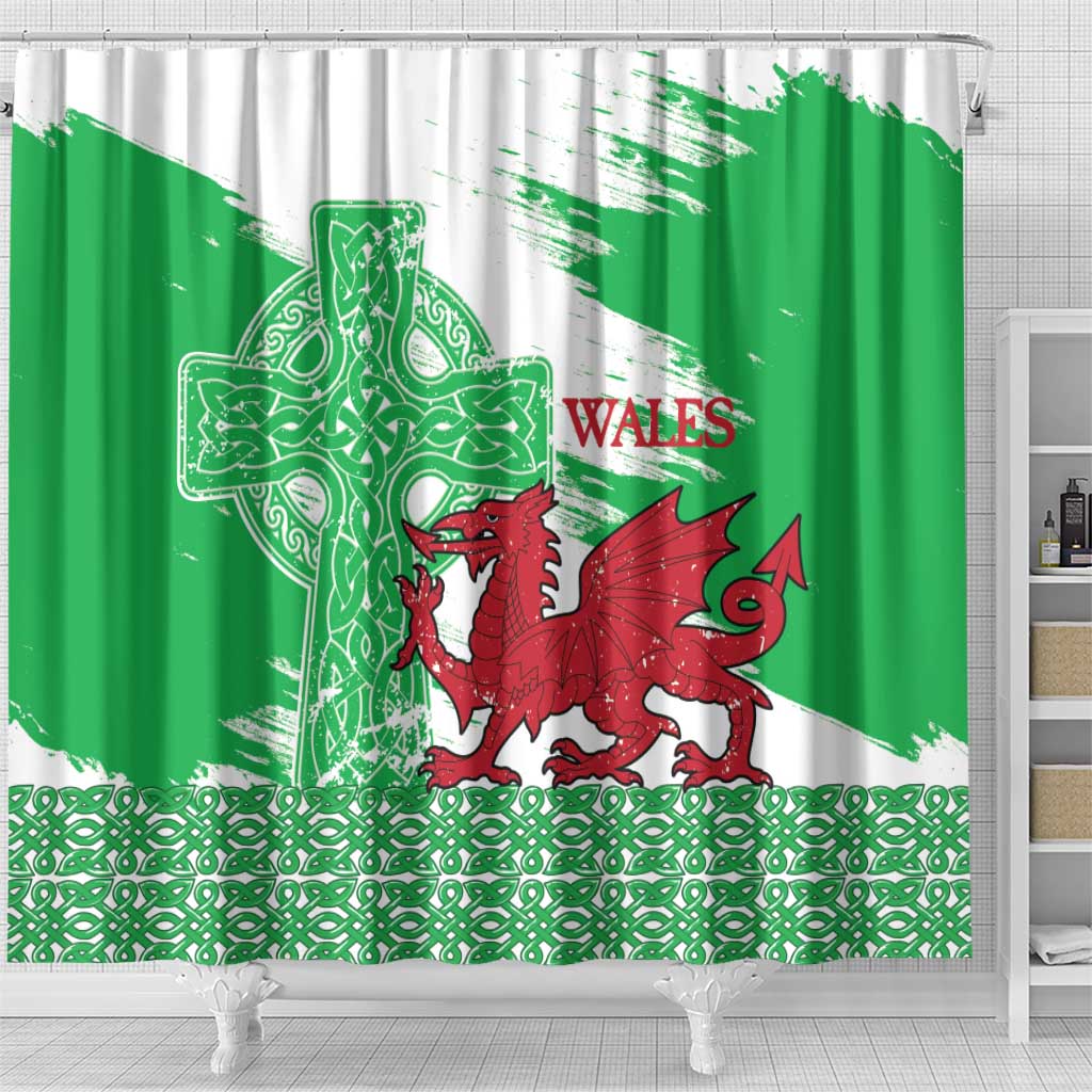 Grunge Green Wales Shower Curtain Celtic Cross Welsh Red Dragon - Wonder Print Shop