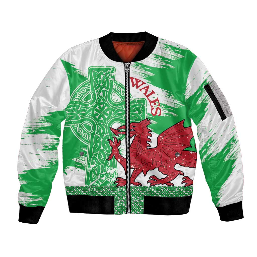 Grunge Green Wales Sleeve Zip Bomber Jacket Celtic Cross Welsh Red Dragon - Wonder Print Shop