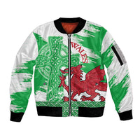Grunge Green Wales Sleeve Zip Bomber Jacket Celtic Cross Welsh Red Dragon - Wonder Print Shop
