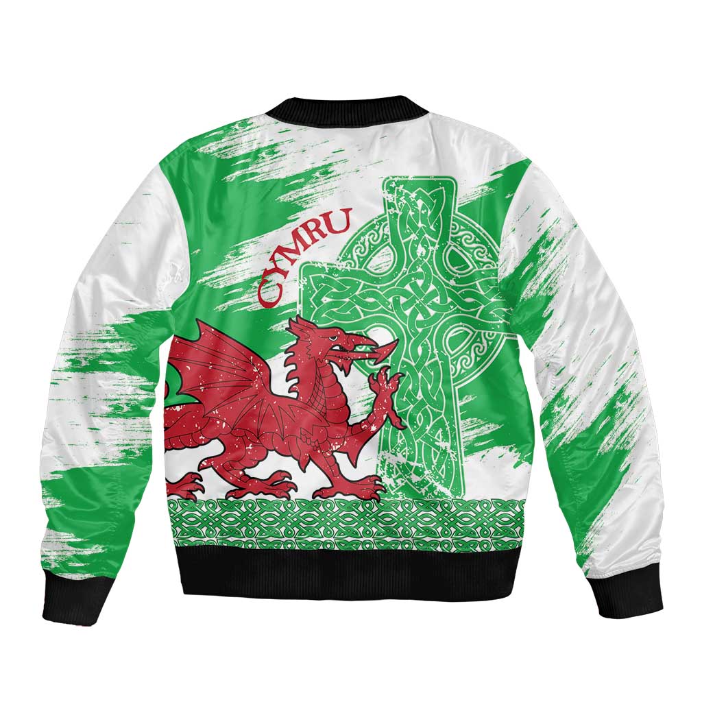 Grunge Green Wales Sleeve Zip Bomber Jacket Celtic Cross Welsh Red Dragon - Wonder Print Shop