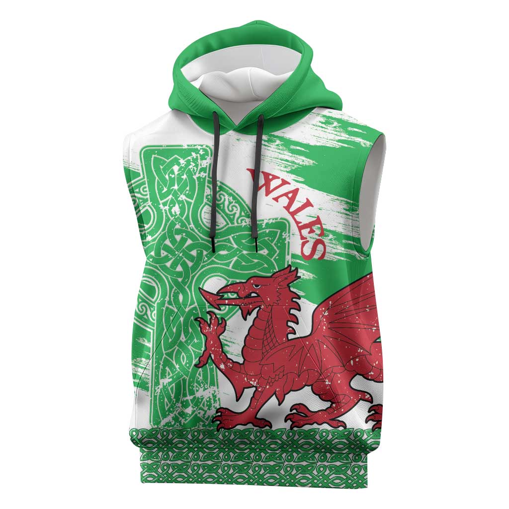 Grunge Green Wales Sleeveless Hoodie Celtic Cross Welsh Red Dragon - Wonder Print Shop