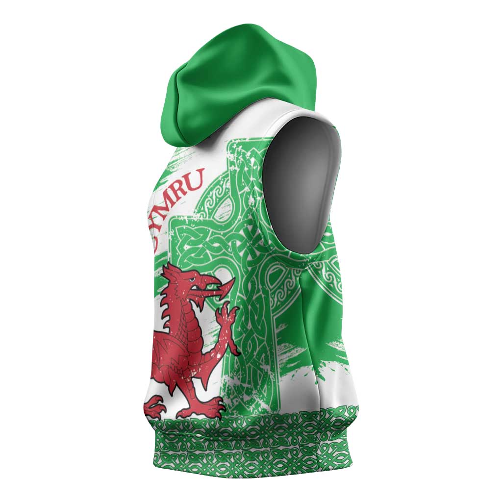Grunge Green Wales Sleeveless Hoodie Celtic Cross Welsh Red Dragon - Wonder Print Shop