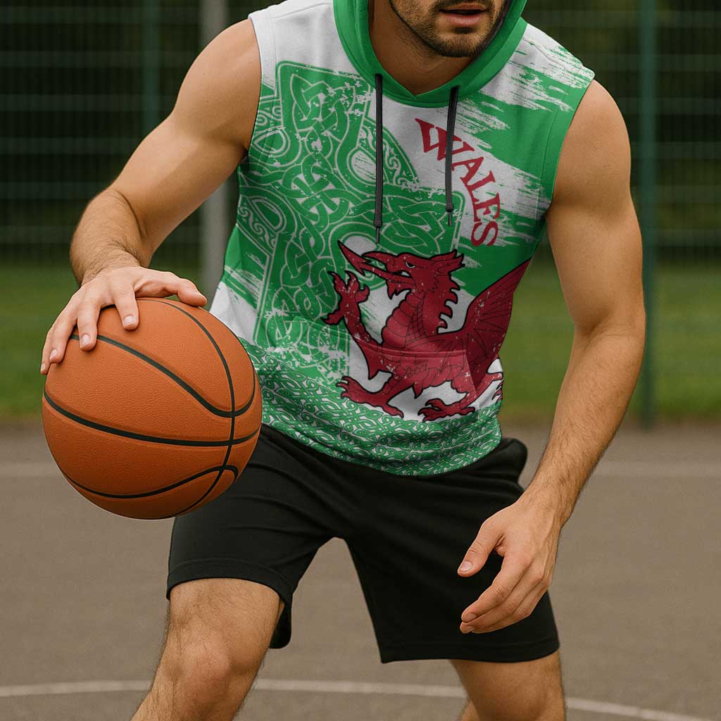 Grunge Green Wales Sleeveless Hoodie Celtic Cross Welsh Red Dragon - Wonder Print Shop
