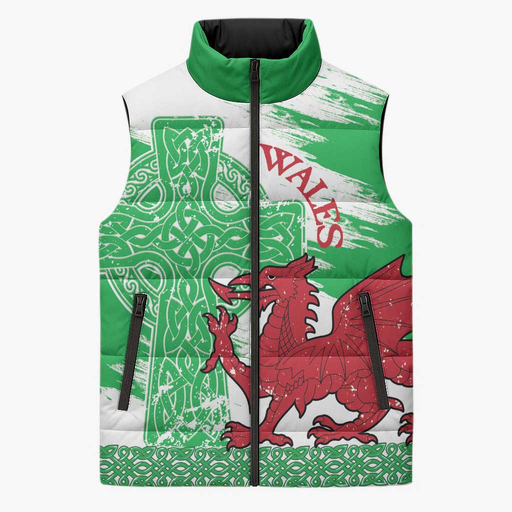 Grunge Green Wales Sleeveless Puffer Jacket Celtic Cross Welsh Red Dragon - Wonder Print Shop