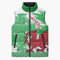 Grunge Green Wales Sleeveless Puffer Jacket Celtic Cross Welsh Red Dragon - Wonder Print Shop
