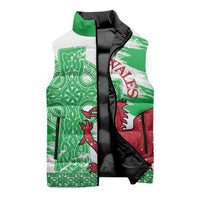 Grunge Green Wales Sleeveless Puffer Jacket Celtic Cross Welsh Red Dragon - Wonder Print Shop
