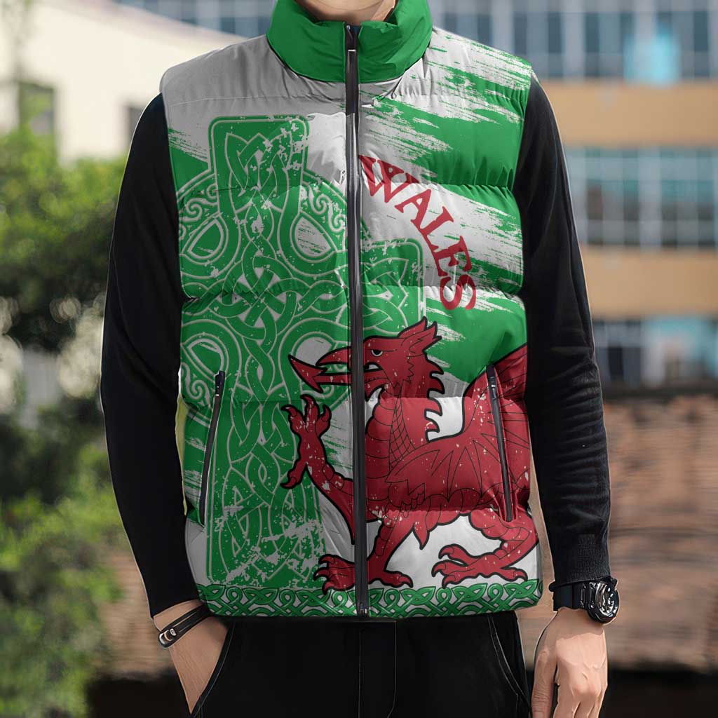 Grunge Green Wales Sleeveless Puffer Jacket Celtic Cross Welsh Red Dragon - Wonder Print Shop