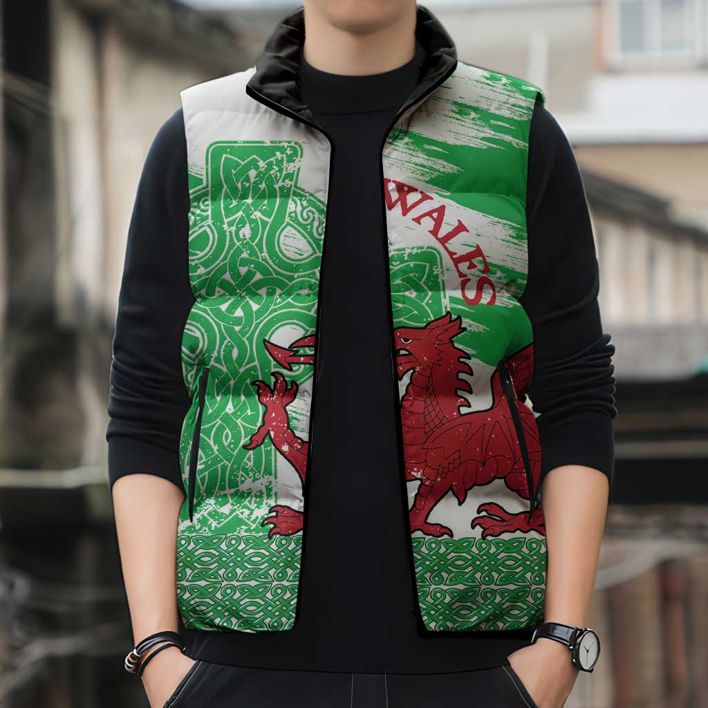 Grunge Green Wales Sleeveless Puffer Jacket Celtic Cross Welsh Red Dragon - Wonder Print Shop