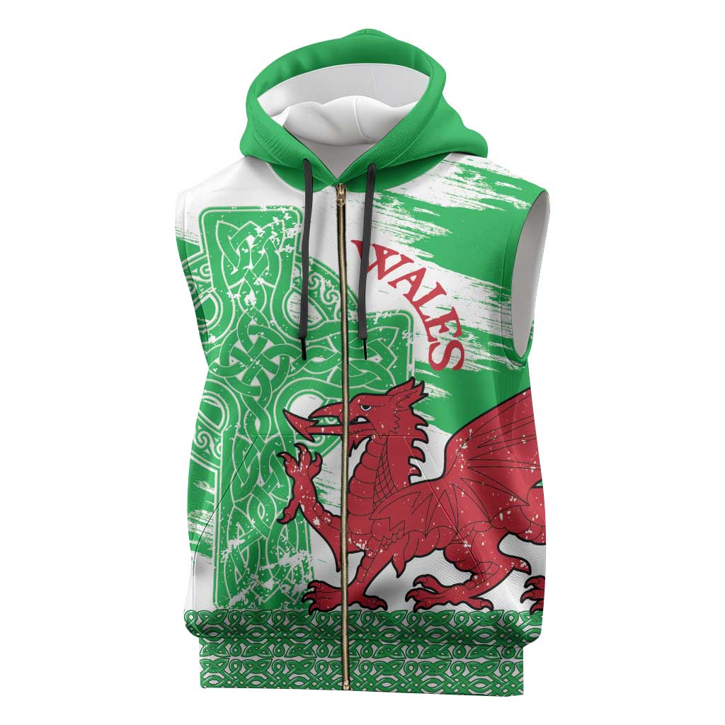 Grunge Green Wales Sleeveless Zip Hoodie Celtic Cross Welsh Red Dragon - Wonder Print Shop