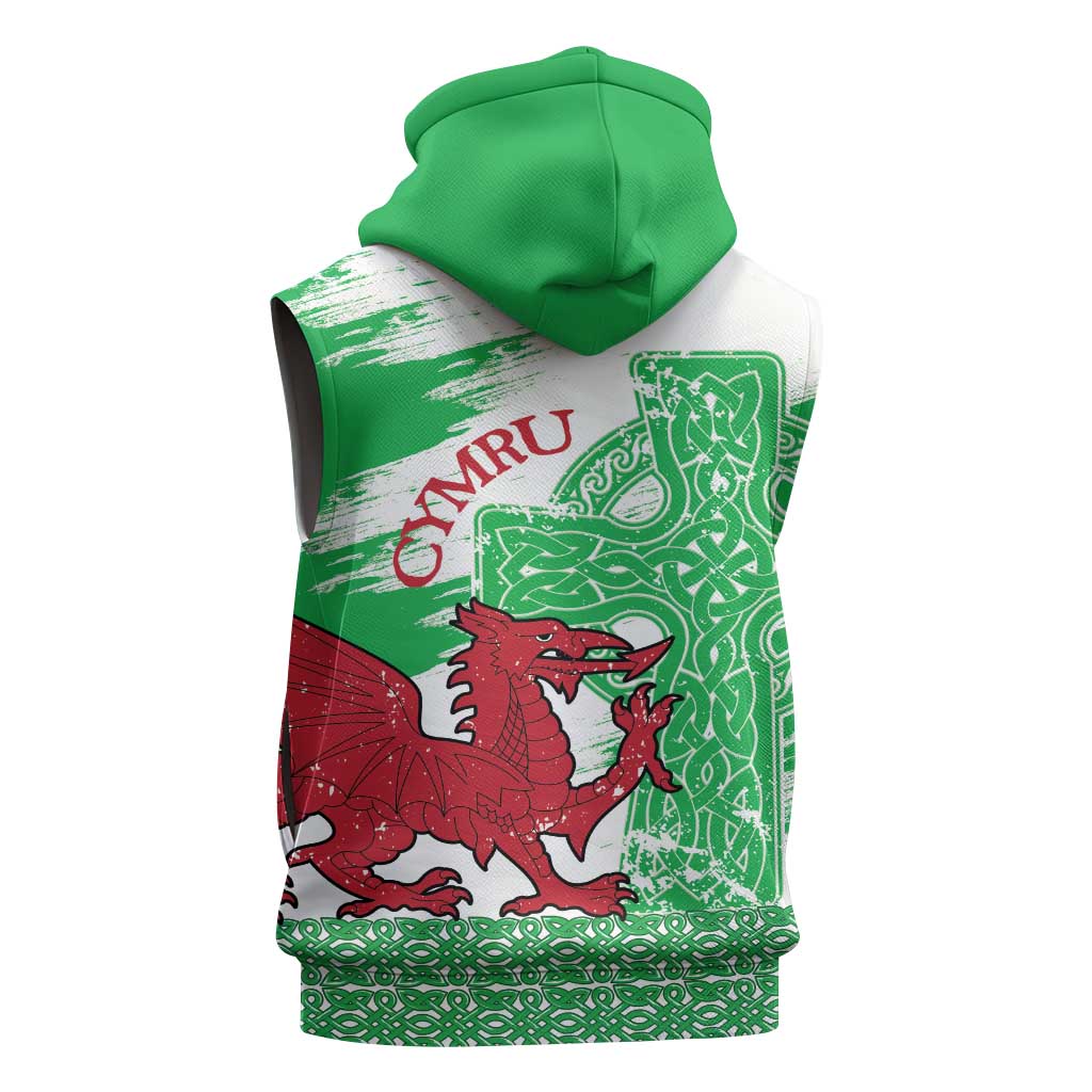 Grunge Green Wales Sleeveless Zip Hoodie Celtic Cross Welsh Red Dragon - Wonder Print Shop