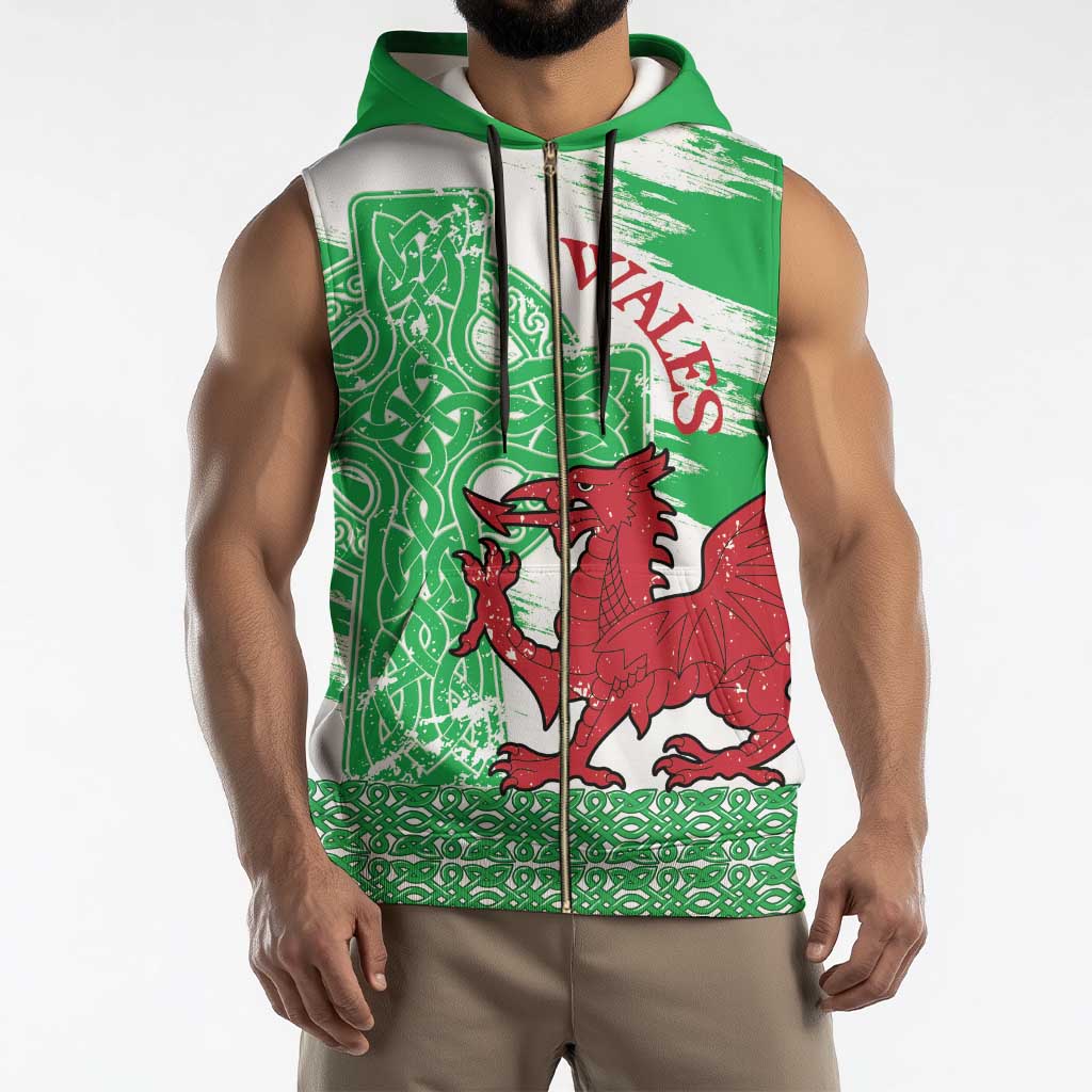 Grunge Green Wales Sleeveless Zip Hoodie Celtic Cross Welsh Red Dragon - Wonder Print Shop