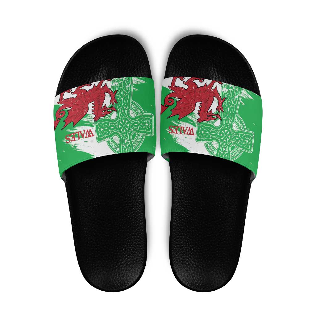 Grunge Green Wales Slide Sandals Celtic Cross Welsh Red Dragon - Wonder Print Shop