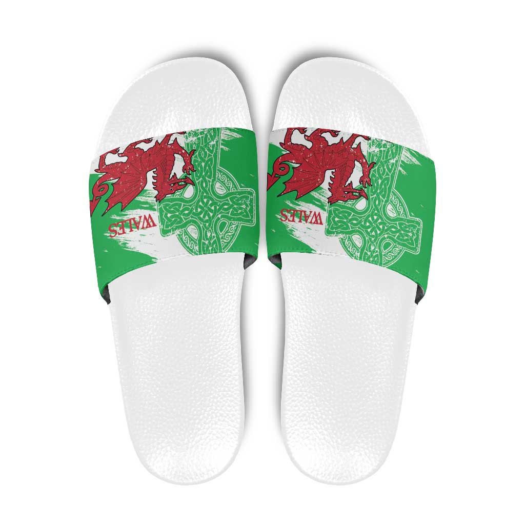 Grunge Green Wales Slide Sandals Celtic Cross Welsh Red Dragon - Wonder Print Shop
