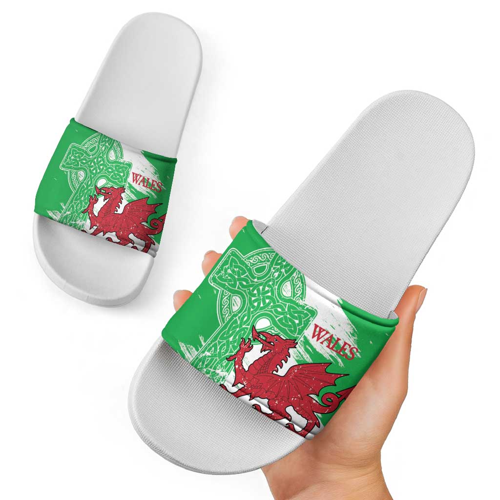 Grunge Green Wales Slide Sandals Celtic Cross Welsh Red Dragon - Wonder Print Shop