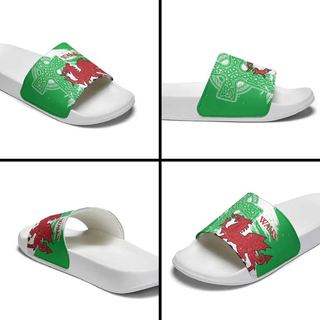 Grunge Green Wales Slide Sandals Celtic Cross Welsh Red Dragon - Wonder Print Shop