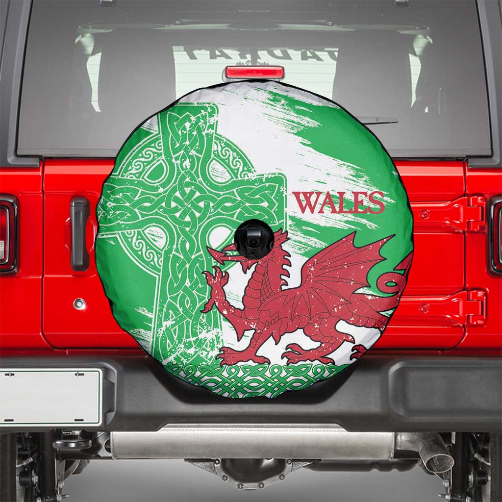 Grunge Green Wales Spare Tire Cover Celtic Cross Welsh Red Dragon - Wonder Print Shop