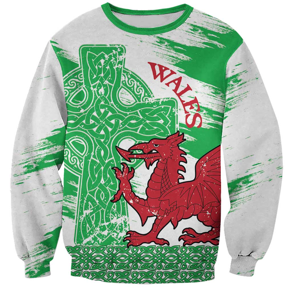 Grunge Green Wales Sweatshirt Celtic Cross Welsh Red Dragon - Wonder Print Shop