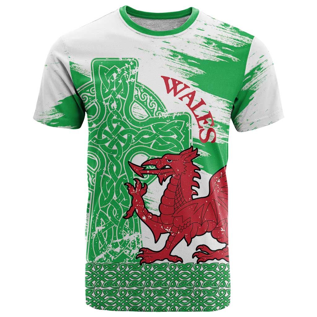 Grunge Green Wales T Shirt Celtic Cross Welsh Red Dragon - Wonder Print Shop