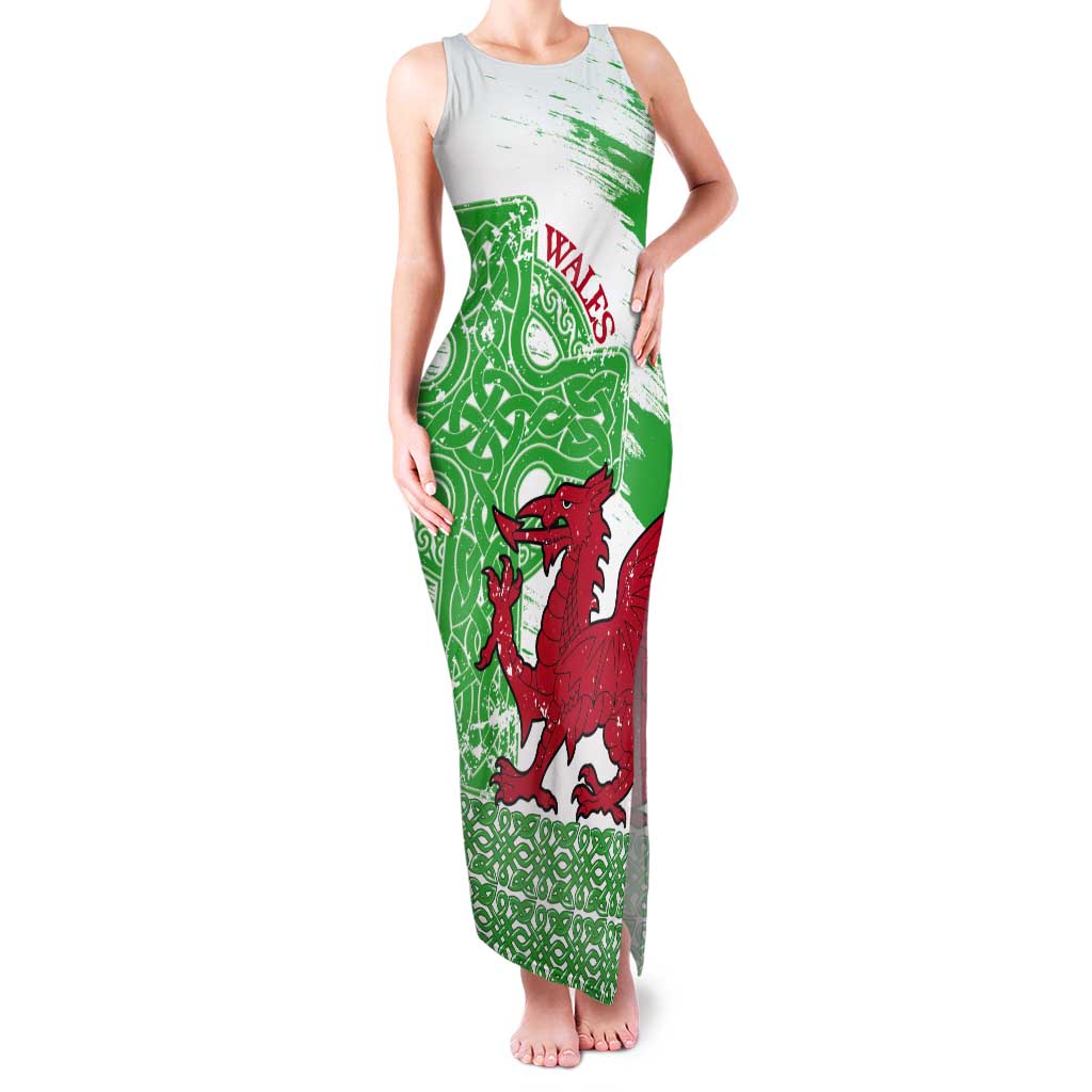 Grunge Green Wales Tank Maxi Dress Celtic Cross Welsh Red Dragon - Wonder Print Shop