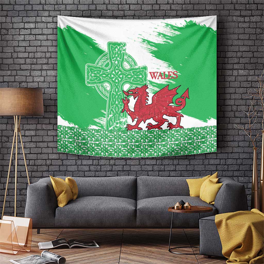 Grunge Green Wales Tapestry Celtic Cross Welsh Red Dragon - Wonder Print Shop