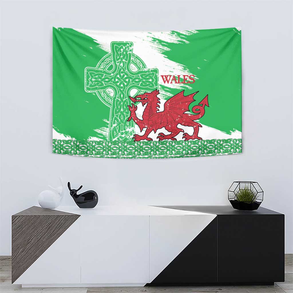 Grunge Green Wales Tapestry Celtic Cross Welsh Red Dragon - Wonder Print Shop