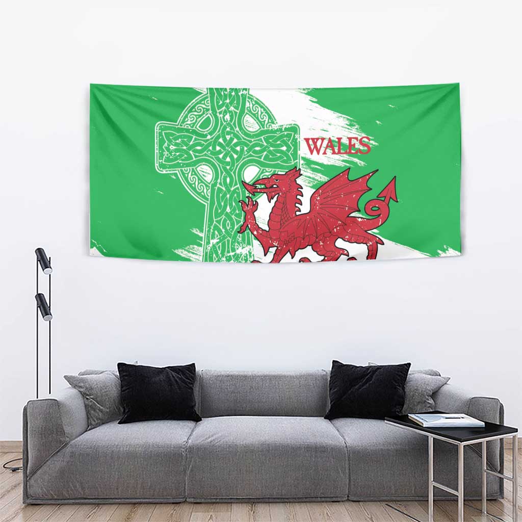 Grunge Green Wales Tapestry Celtic Cross Welsh Red Dragon - Wonder Print Shop