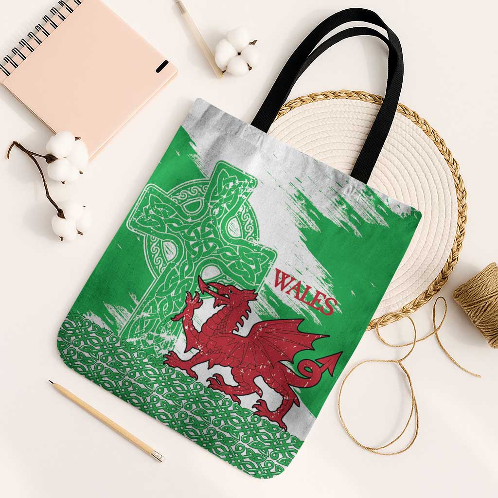 Grunge Green Wales Tote Bag Celtic Cross Welsh Red Dragon - Wonder Print Shop