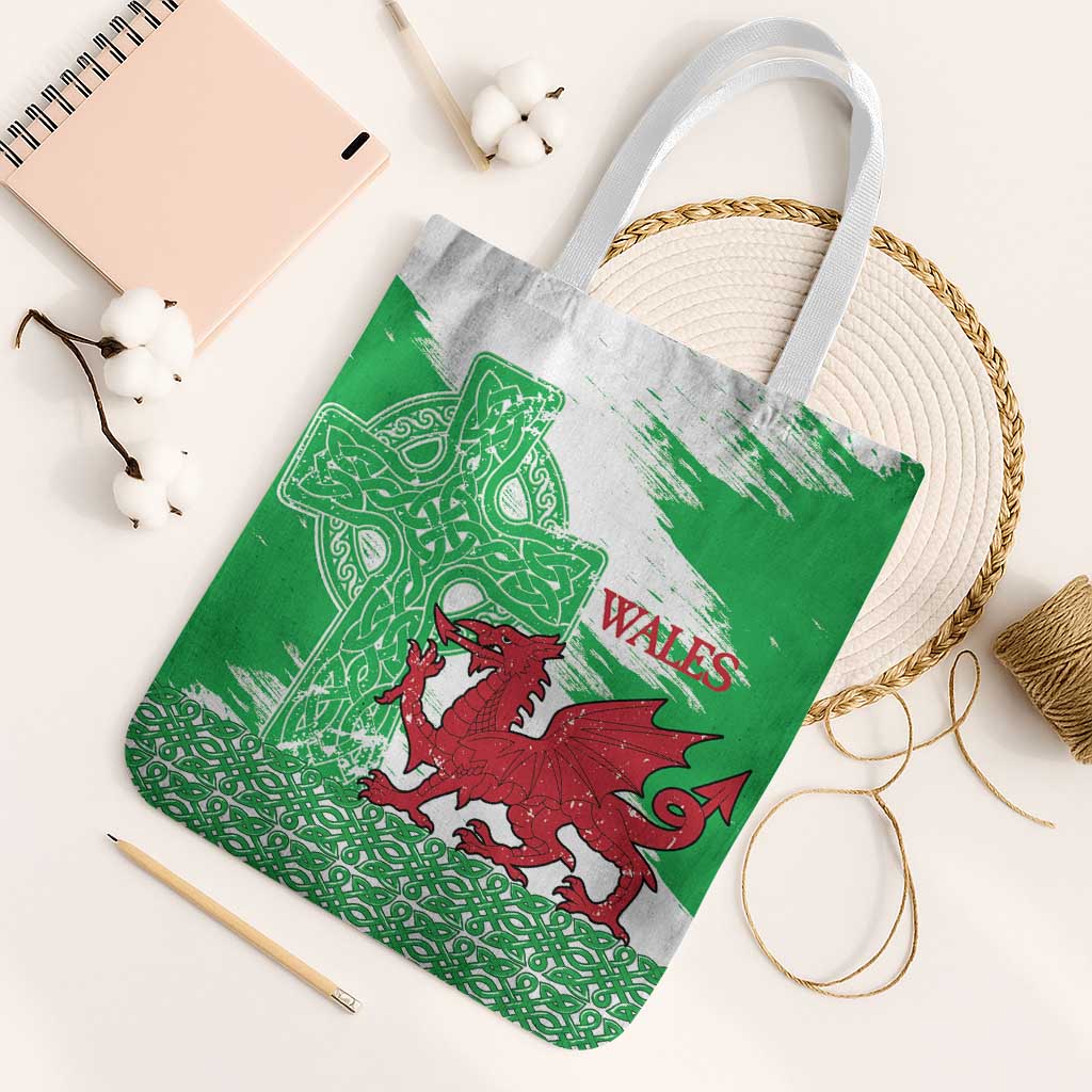 Grunge Green Wales Tote Bag Celtic Cross Welsh Red Dragon - Wonder Print Shop