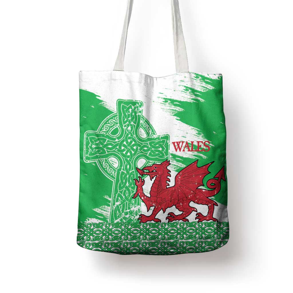 Grunge Green Wales Tote Bag Celtic Cross Welsh Red Dragon - Wonder Print Shop