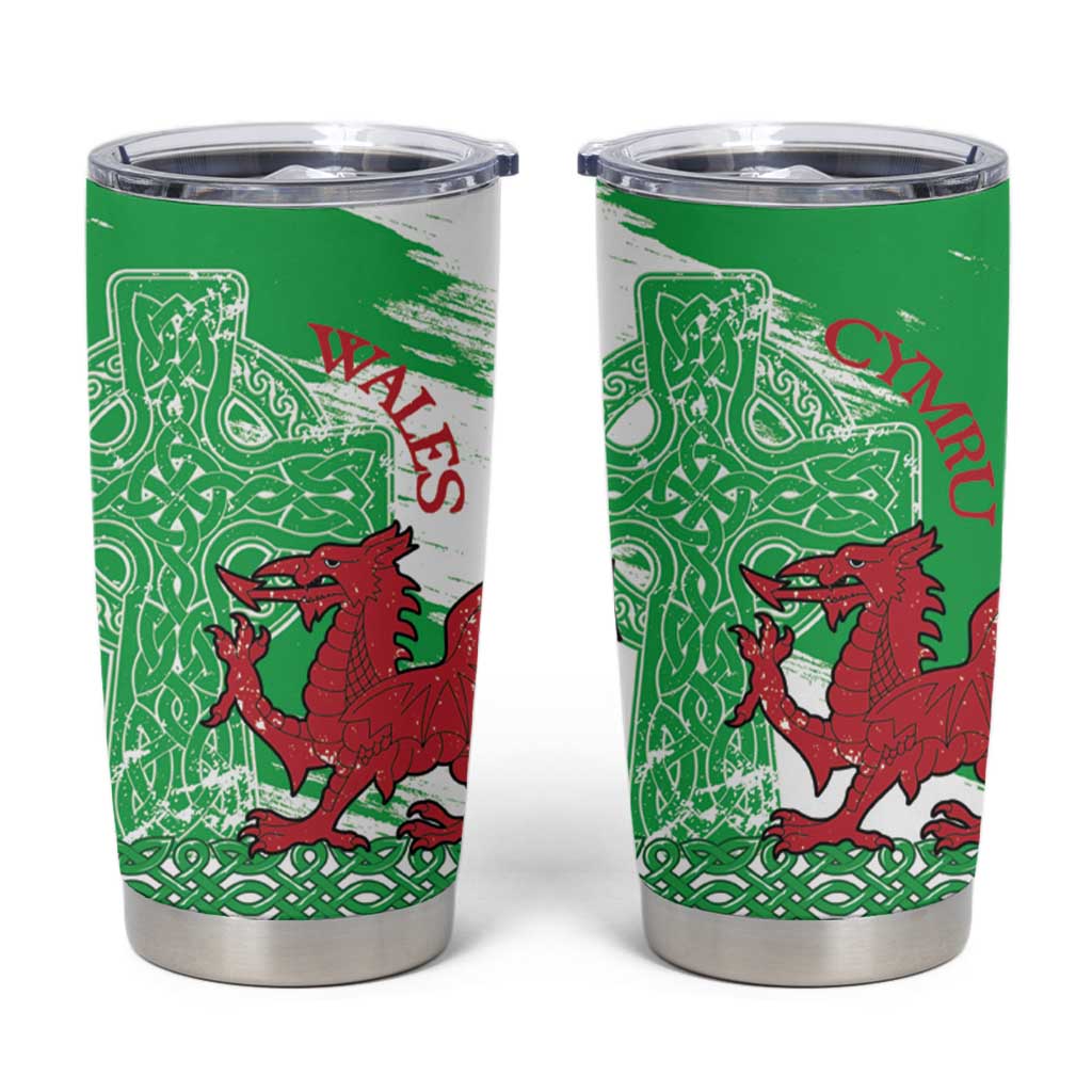 Grunge Green Wales Tumbler Cup Celtic Cross Welsh Red Dragon - Wonder Print Shop