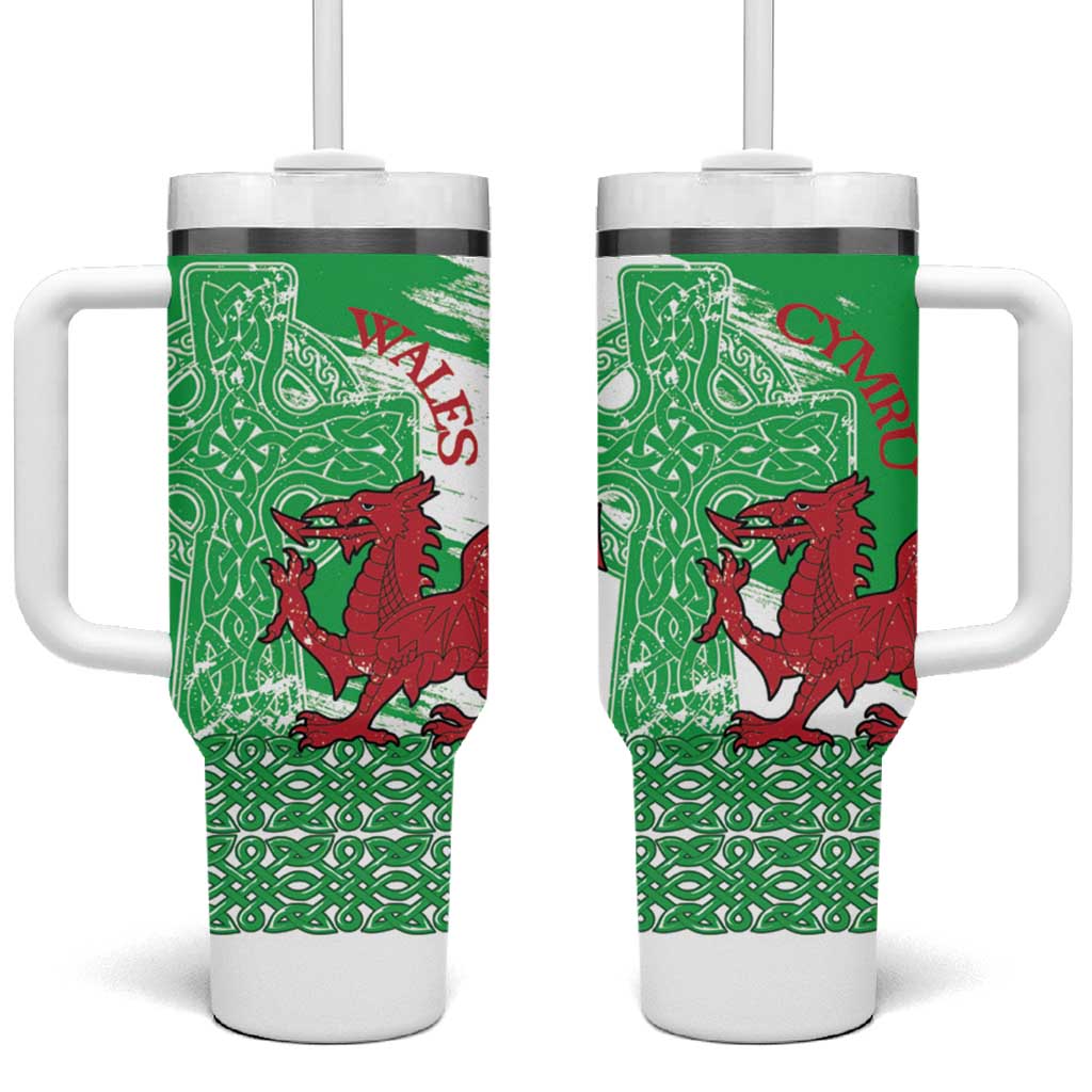 Grunge Green Wales Tumbler With Handle Celtic Cross Welsh Red Dragon - Wonder Print Shop