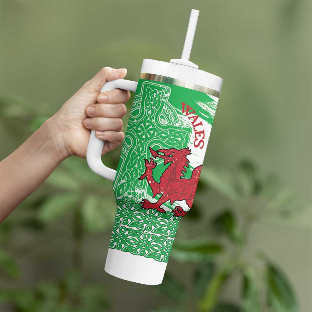 Grunge Green Wales Tumbler With Handle Celtic Cross Welsh Red Dragon - Wonder Print Shop
