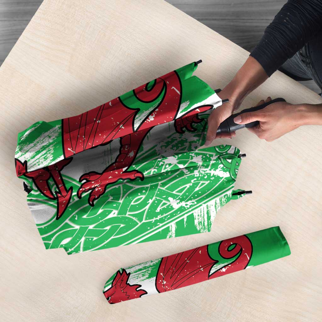 Grunge Green Wales Umbrella Celtic Cross Welsh Red Dragon - Wonder Print Shop