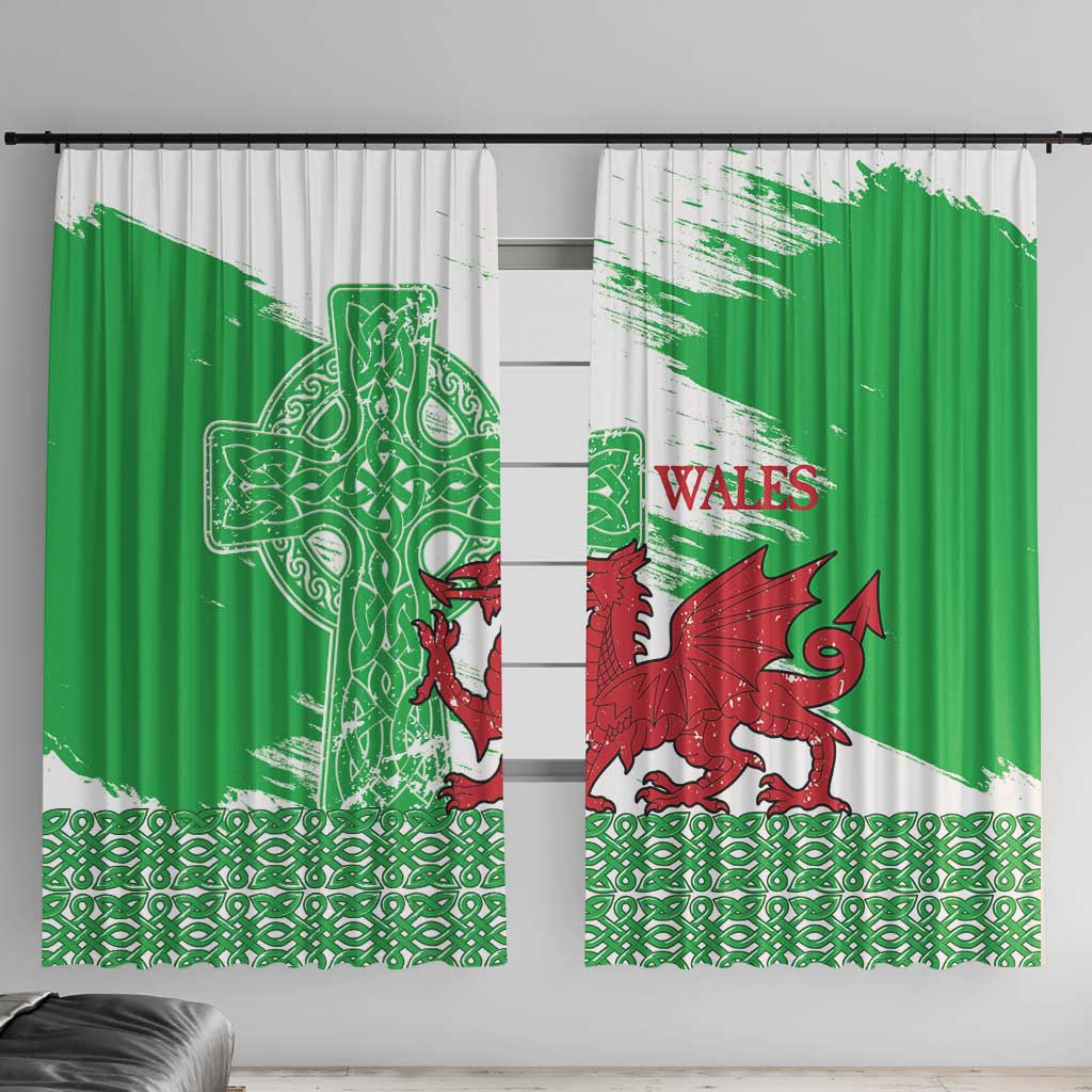 Grunge Green Wales Window Curtain Celtic Cross Welsh Red Dragon - Wonder Print Shop