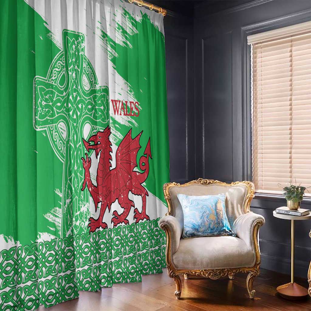 Grunge Green Wales Window Curtain Celtic Cross Welsh Red Dragon - Wonder Print Shop