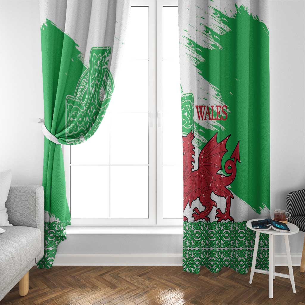 Grunge Green Wales Window Curtain Celtic Cross Welsh Red Dragon - Wonder Print Shop