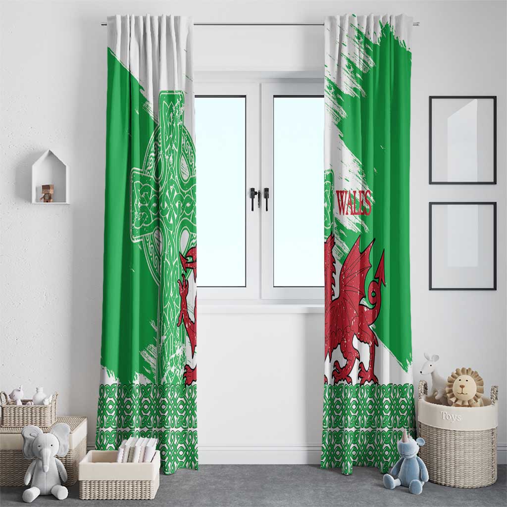 Grunge Green Wales Window Curtain Celtic Cross Welsh Red Dragon - Wonder Print Shop