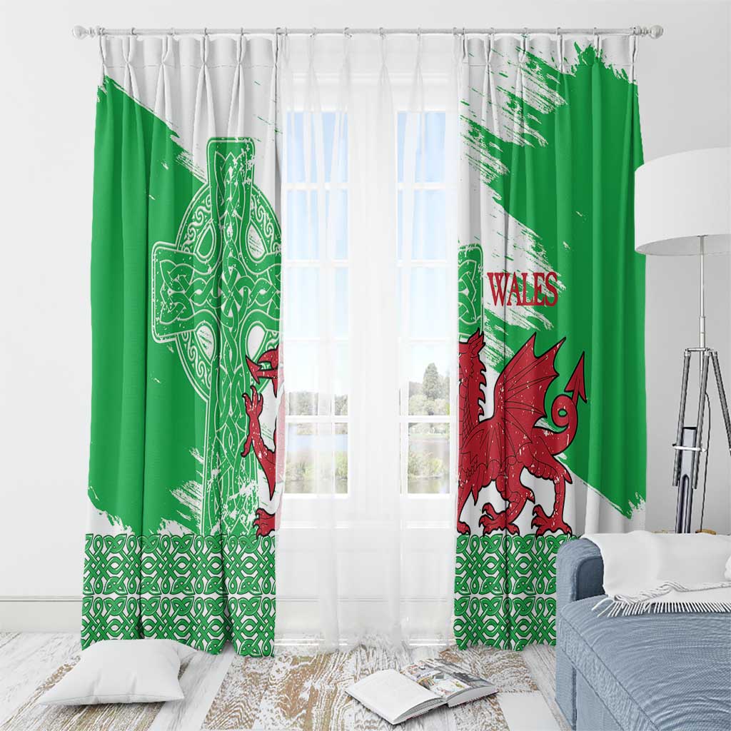 Grunge Green Wales Window Curtain Celtic Cross Welsh Red Dragon - Wonder Print Shop
