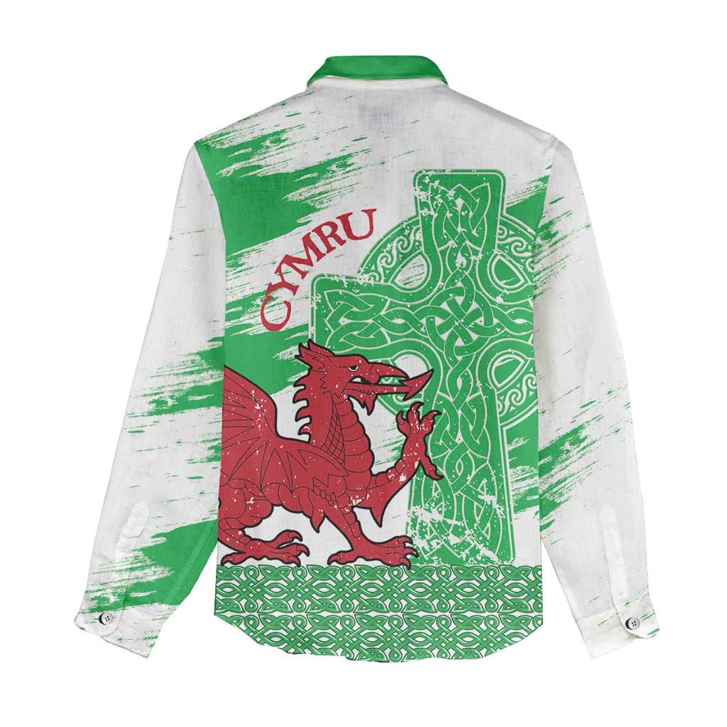 Grunge Green Wales Women Casual Shirt Celtic Cross Welsh Red Dragon - Wonder Print Shop