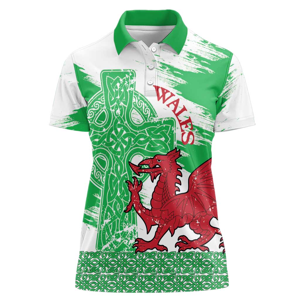 Grunge Green Wales Women Polo Shirt Celtic Cross Welsh Red Dragon - Wonder Print Shop