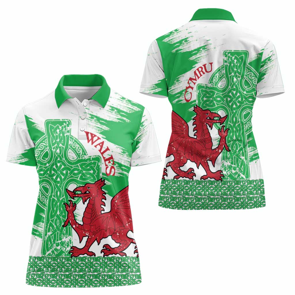 Grunge Green Wales Women Polo Shirt Celtic Cross Welsh Red Dragon - Wonder Print Shop