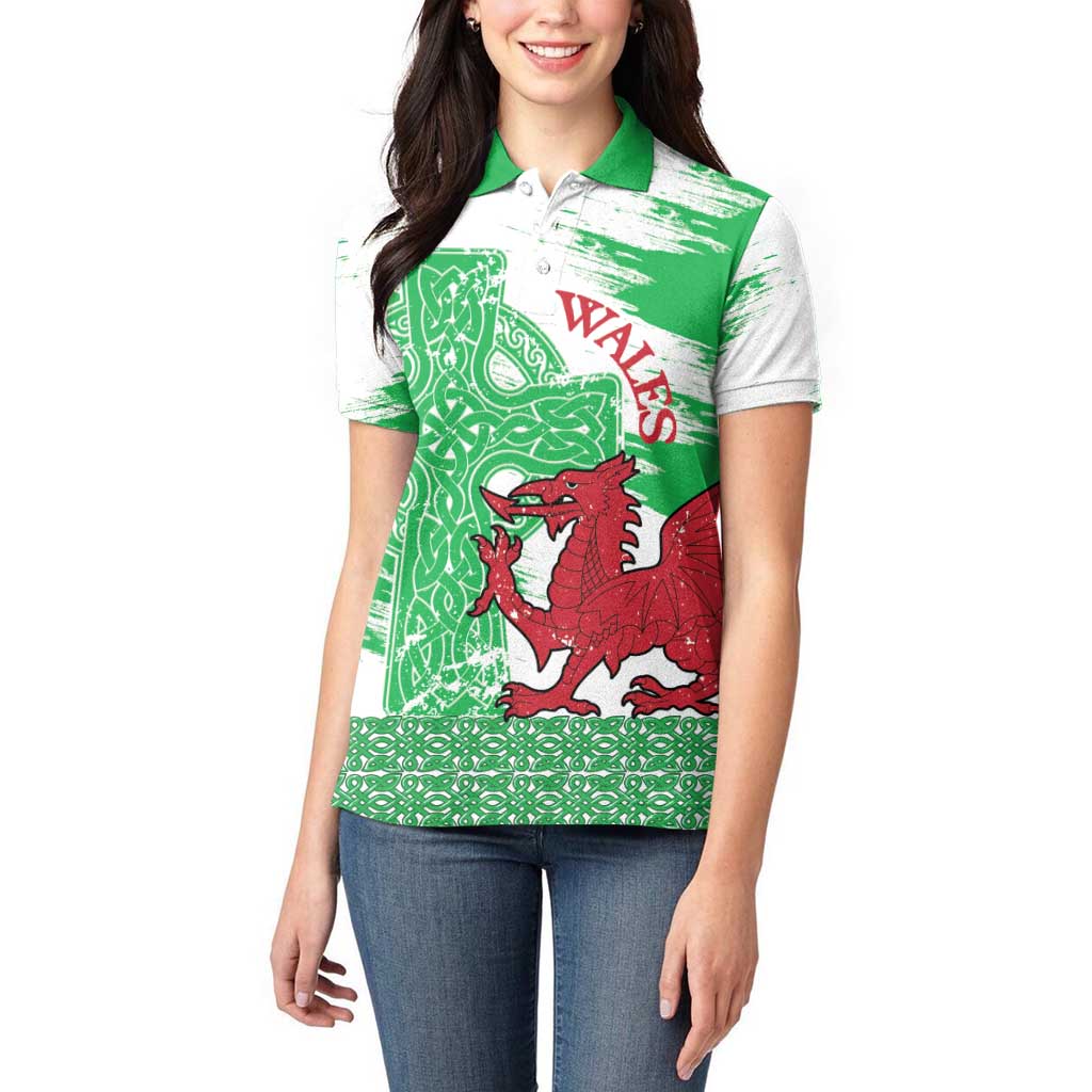 Grunge Green Wales Women Polo Shirt Celtic Cross Welsh Red Dragon - Wonder Print Shop