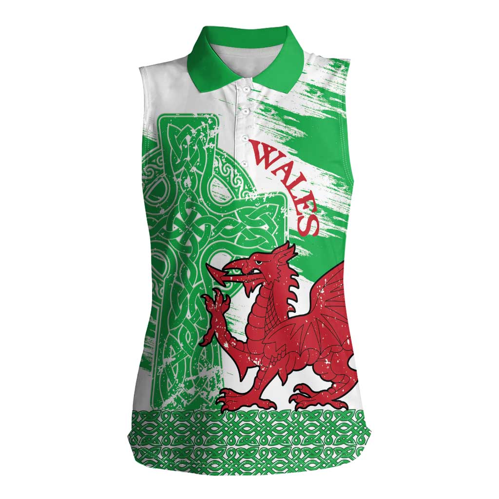 Grunge Green Wales Women Sleeveless Polo Shirt Celtic Cross Welsh Red Dragon - Wonder Print Shop